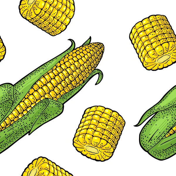 Бесшовный рисунок спелых кукурузных початков с листьями и без. Векторная цветовая гравировка — стоковый вектор