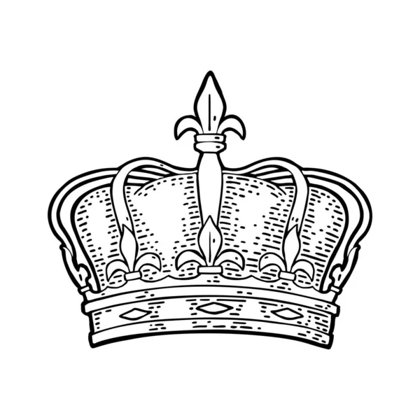 Kung krona. Gravyr vintage vektor svart illustration. Isolerad på vitt — Stock vektor