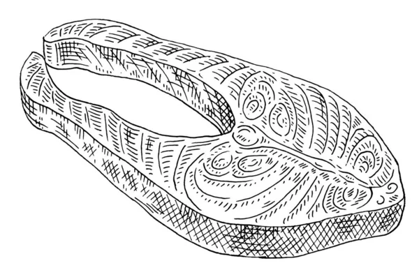 白底鲑鱼牛排 古埃及矢量雕刻单色黑色插图 手绘图案 图形墨水风格 — 图库矢量图片