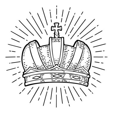 Kral tacı. Eski model vektör renk çizimi. Beyaz arka planda izole edilmiş. Etiket, dövme ve poster için el yapımı tasarım ögesi