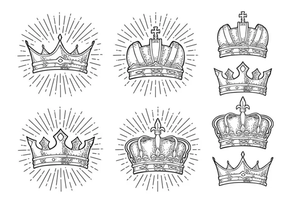 Чотири Різні Королівські Корони Гравюра Вінтаж Векторна Кольорова Ілюстрація Ізольовані — стоковий вектор
