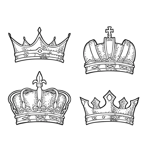 Три Різні Королівські Корони Гравюра Вінтаж Векторна Кольорова Ілюстрація Ізольовані — стоковий вектор