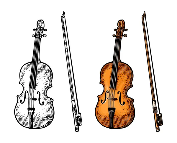 Violon Avec Archet Illustration Vectorielle Couleur Vintage Gravure Monochrome Pour — Image vectorielle