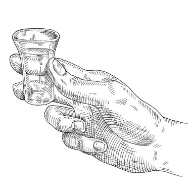 Erkek, cam tekila tutuyor. Etiket poster ağı için klasik siyah yumurta çizimi. Beyaz arkaplanda izole