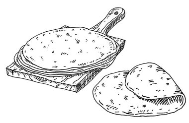 Un ve tek tortilla. Geleneksel Meksika yemekleri. Beyaz arka planda izole edilmiş klasik tek renkli siyah kuluçka vektörü çizimi. El çizimi tasarım