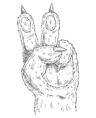 Kedi pençesi zafer ya da barış işareti. Beyaz arkaplanda izole edilmiş vintage vektör monokrom yumurtadan çıkma illüstrasyonu. Tişört için el çizimi tasarım ögesi