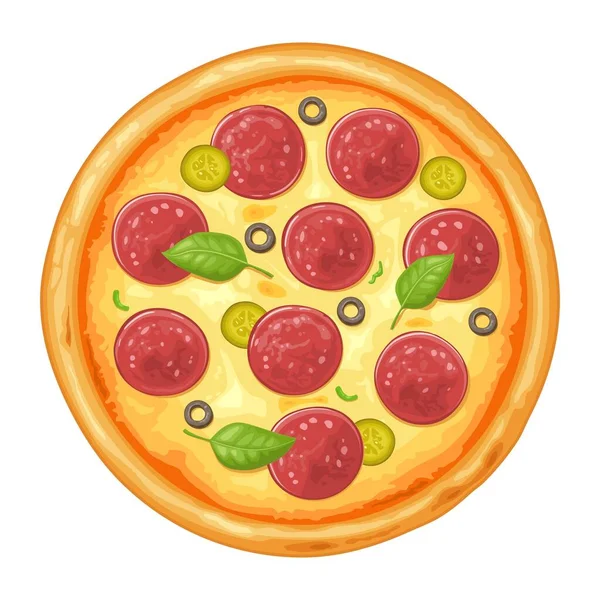 Pizza intera salame piccante. Vista dall'alto. Illustrazione piatta a colori vettoriale — Vettoriale Stock