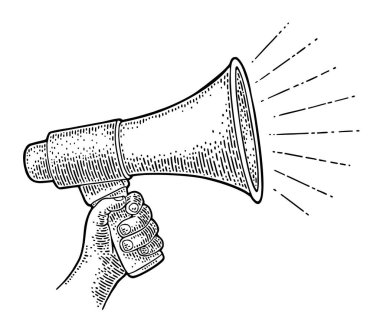 Erkek el hoparlörü tutuyor. Poster ve web için klasik siyah oyma çizimi. Beyaz arkaplanda izole.