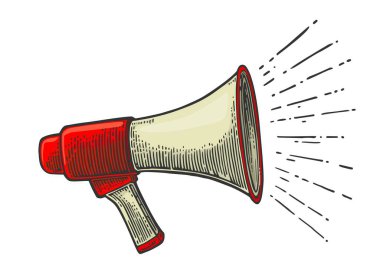 Erkek el hoparlörü tutuyor. Poster ve web için klasik vektör renk çizimi. Beyaz arkaplanda izole.