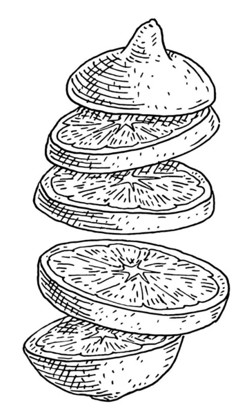 Летающие кусочки свежего лимона. Винтажная гравировка с черной монохромной иллюстрацией — стоковый вектор