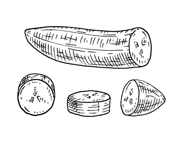 Des morceaux de banane fraîche pelée. Gravure vectorielle vintage noire — Image vectorielle