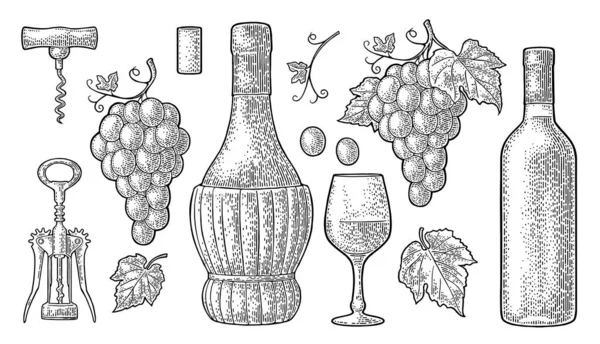 Set for wine shop. Vintage black engraving vector illustration isolated on white — Stock Vector