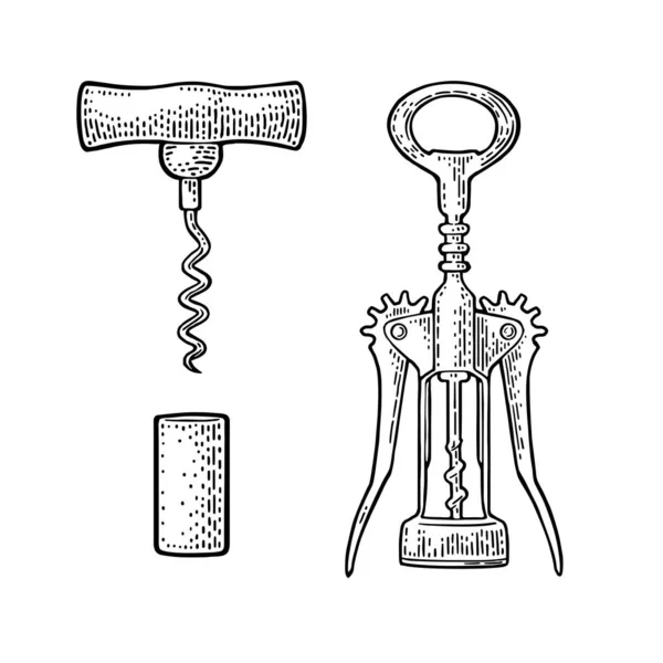 Dugóhúzó, dugóhúzó és dugóhúzó. Fekete szüret vektoros vektor — Stock Vector