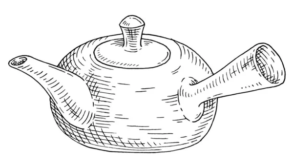 亚洲陶瓷茶壶 古埃及矢量雕刻单色黑色插图 被白色背景隔离 手绘孵化器 — 图库矢量图片