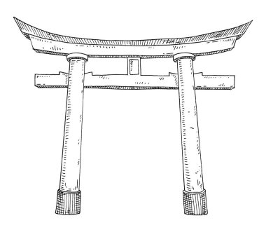 Geleneksel Japon Torii Kapısı. Antika yumurtadan çıkan tek renkli siyah illüstrasyon
