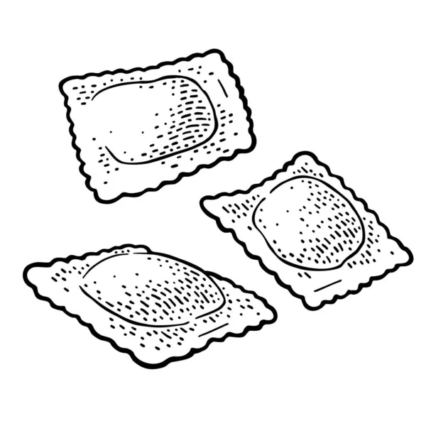 Trzy ravioli. Ilustracja grawerowania czarnego wektora. Odizolowane na biało — Wektor stockowy