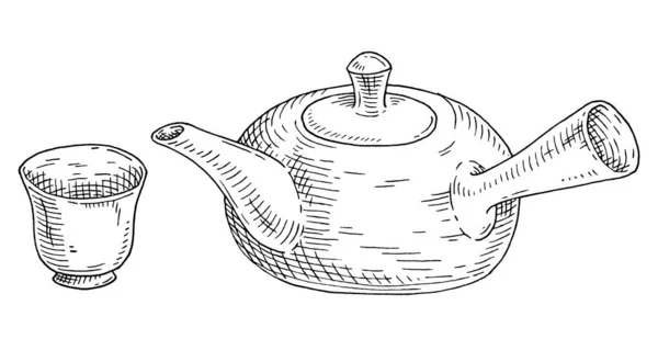 Aziatische keramische theepot en kopje. Vintage vector gravure zwart. geïsoleerd op wit — Stockvector