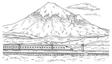 Fuji Dağı 'nın manzarası ve yolcu vagonlarıyla seyahat eden tren. Vintage oymacılığı