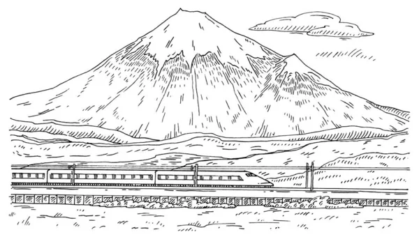 Vista de la montaña Fuji y tren de viaje con carruajes de pasajeros. Grabado vintage — Archivo Imágenes Vectoriales