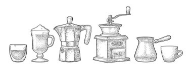 Kahve hazırla. El yapımı öğütücü, moka tenceresi, Türk bakırı, kremalı cam latte. Klasik siyah vektör oyması beyaza izole edildi