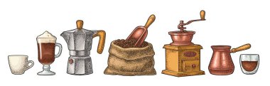 Kahve hazırla. El yapımı öğütücü, çuval fasulyesi, moka tenceresi, Türk bakırı, krem şantili cam latte. Vintage renk vektörü oyması beyaz üzerine izole edildi