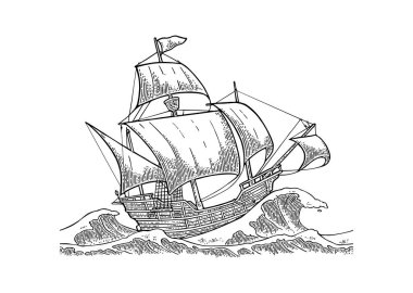 Büyük dalgalarla fırtınalı bir denizde yelken açan gemi. Vector vintage siyah kabartma resimli Caravel Santa Maria poster günü Columbus için. El çizimi grafik biçimi.