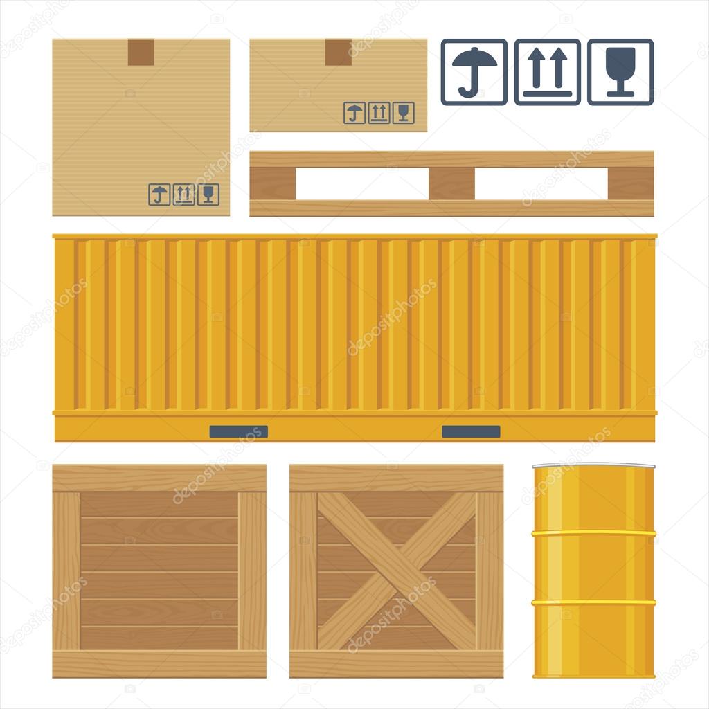 Brown closed carton delivery packaging box, pallet, carton, pallet, yellow container, wooden crates, metal barrel isolated on white background with fragile attention signs.