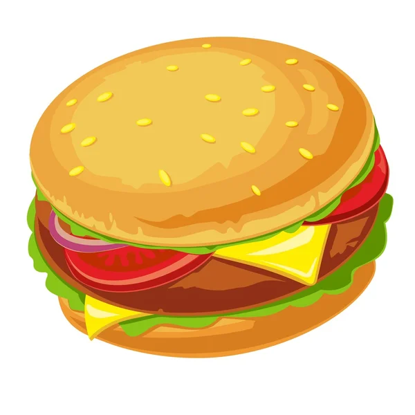 Hamburger with meat, lettuce, cheese, onion and tomato — Stock Vector