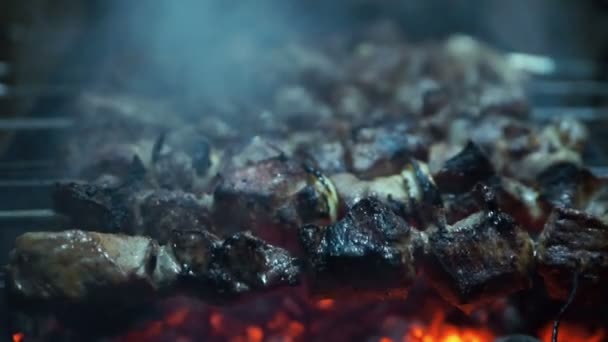 Grillspieße mit Fleisch auf dem Kohlenbecken — Stockvideo