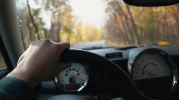 Una mano de hombre está en el volante mientras conduce un coche en un día de otoño. Vista en primera persona — Vídeo de stock