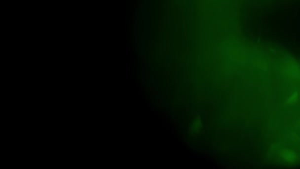 Yeşil mercekler parlıyor. Bokeh örtüleri, yanan alev arka planı. Açık Yeşil Fişekler 4K görüntüler, görüntüler, görüntüler ve geçişler üzerinde birleştirmek için. Odaklanmış lamba flaş ışını etkisi. Işık — Stok video