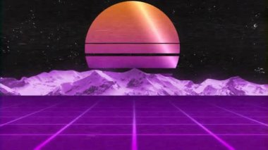 VHS Retro dalga 80 'ler, 90' lar tarzı. Kamera vadi boyunca hareket ediyor. Neon Sunset dağların üzerinde. Parlayan Dijital kablo ağı.