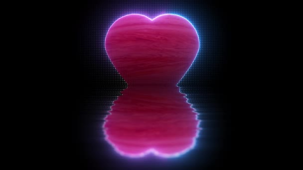 Color rosa del corazón resplandeciente en el reflejo. La explosión de la composición de gas en forma de corazón en el Día de San Valentín. Logotipo y espacio de copia del canal alfa 4K. Aislado sobre un negro — Vídeo de stock