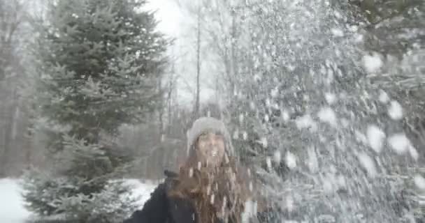 Une jeune femme ludique jette de la neige et sourit devant l'arbre dans la forêt. Premier concept neige et hiver — Video