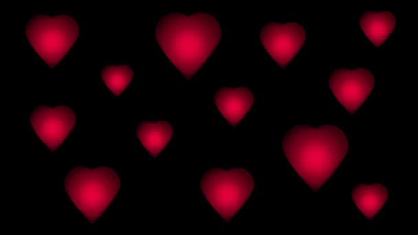 Animation Coeurs volants rouges sur fond noir. Concept de Saint-Valentin. — Video