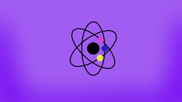 Светящаяся неоновая линия Икона Атома выделена на фиолетовом фоне. Символ науки, образования, ядерной физики, научных исследований. Видеоанимация — стоковое видео