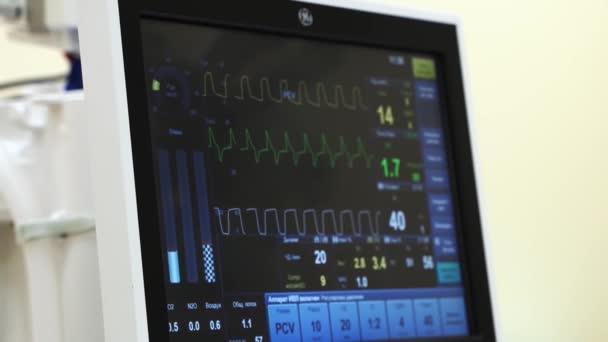 Primer plano del monitor de frecuencia cardíaca en el teatro del hospital. Los signos vitales médicos monitorean el instrumento en un hospital en el monitor de cirugía anestésica. ECG. Latidos cardíacos del paciente en la pantalla — Vídeo de stock
