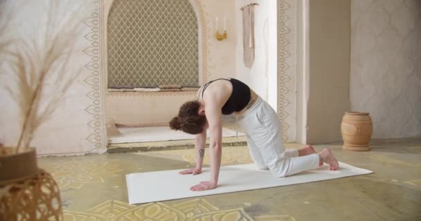 Sportig lockig kvinna gör yoga stretching övningar. Smal tjej gör yoga I ett ljust, stämningsfullt yogarum på morgonen — Stockvideo