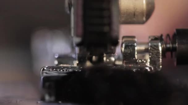 Швейная машинка и предмет одежды. macro — стоковое видео
