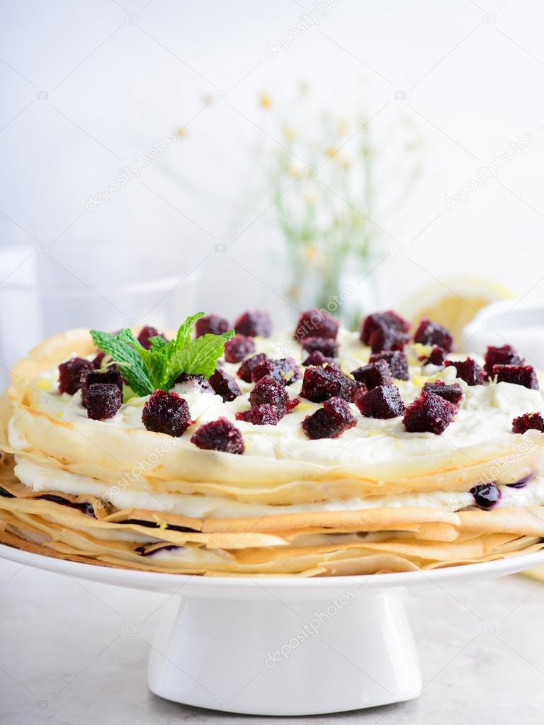 Crepe cake with mascarpone cream and blueberry curs