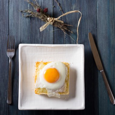 Croque madame on white dish clipart