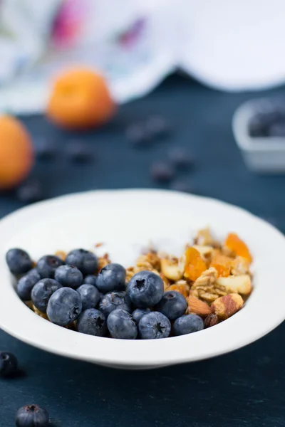 Granola com iogurte, mirtilos e damascos secos — Fotografia de Stock