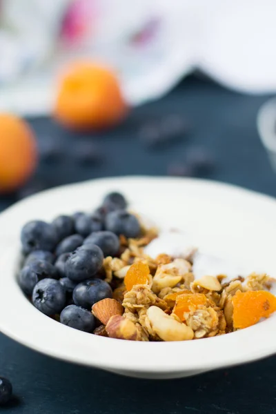 Мюсли с йогуртом, черникой и сушеными абрикосами — стоковое фото