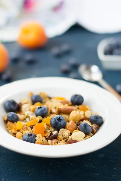 Granola caseira com mirtilos e damascos secos — Fotografia de Stock