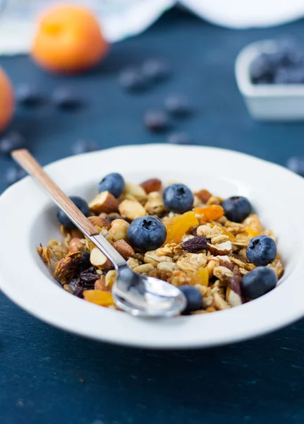 Granola caseira com mirtilos e damascos secos — Fotografia de Stock