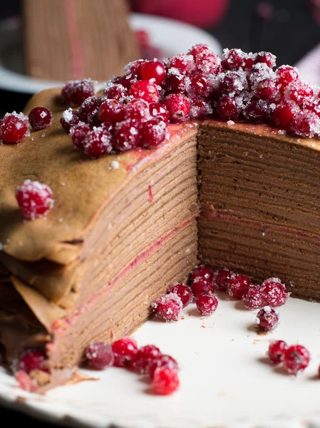 Chocolate Mousse Crepe Cake with Cranberry Curd