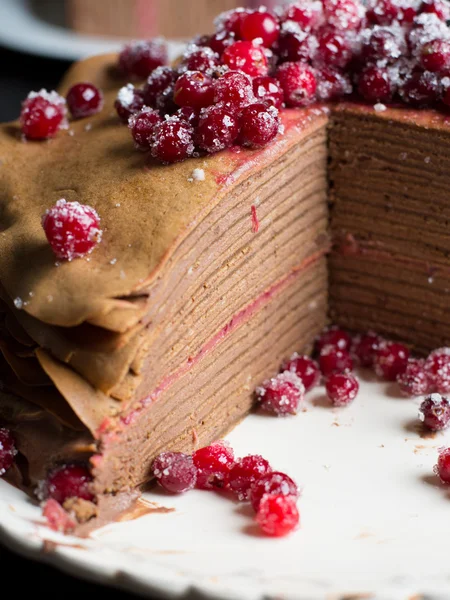 Čokoládová pěna krep dort s brusinkovou tvaroh — Stock fotografie