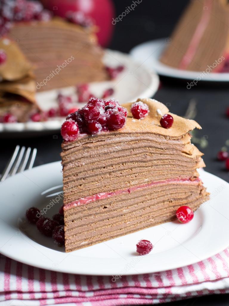 Chocolate Mousse Crepe Cake with Cranberry Curd