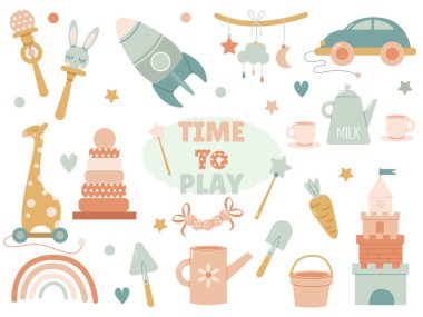 Hassas renklerde bebekler için çocuk oyuncakları ve aksesuarları. 