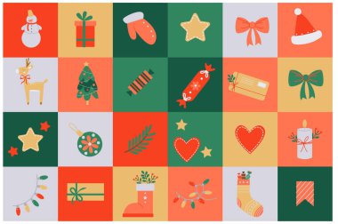 Noel elementlerinin hoş bir mozaiği. Noel ağacı süslemeleri ve hediyeler. Vektör illüstrasyonu.
